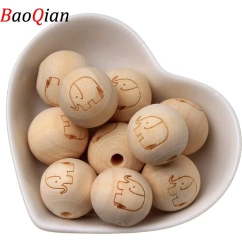 20mm Lead-free Wooden Engraving Elephant 10pcs Round Balls Natural Wood Beads For Jewelry Making DIY