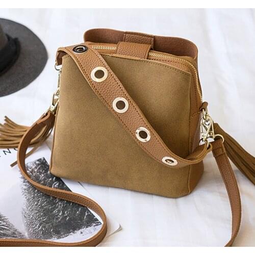 2019 Fashion Scrub Women Bucket Bag Vintage Tassel Messenger Bag High Quality Retro Shoulder Bag Simple Crossbody Bag Tote