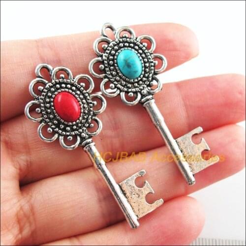 6Pcs Retro Tibetan Silver Tone Key Flower Blue&Red Stone Charms Pendants 20x49mm