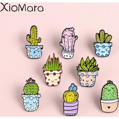 Cartoon Green Plant Potted Enamel Pin Metal Succulent Plant Cactus Aloe Jewelry Button Denim Jackets Collar Badge Brooches Pins