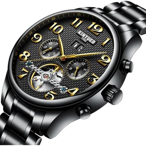 KINYUED brand new watch Swiss fashion men stainless steel Tourbillon automatic hollowed mechanical watch