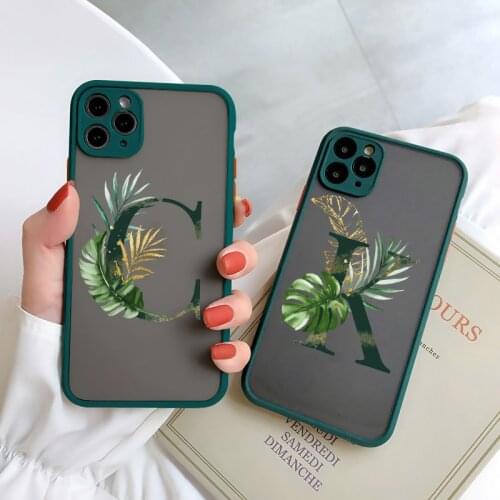 Initial Letter A Z Phone Case For iPhone X XR XS Max 12 Mini 11 Pro Max for 6s 8 7 Plus SE 2020 Leaves Hard Alphabet Green Cover