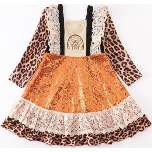 Girlymax Baby Girls Chlidren Clothes Sequins Leopard Lace Rainbow Pumpkin Dress Long Sleeve Ruffles Knee Length Kids Clothing