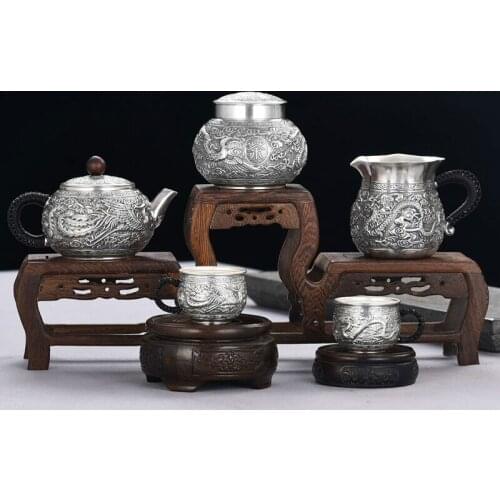 Dragon and Phoenix sterling silver Kung Fu tea set 999 sterling silver teapot, justice cup, tea can, sterling silver teacup set