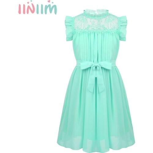Iiniim Kids Dresses for Girls Princess Teen Ruffle Flounce Neckline Lace Front Yoke Chiffon Dress for Party Casual Summer Dress