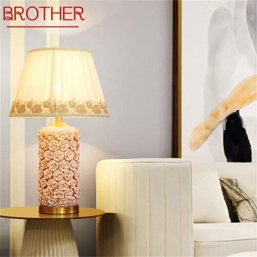 BROTHER Ceramic Table Lamps Rose Luxury Brass Fabric Desk Light Home Decorative for Living Room Dining Room Bedroom