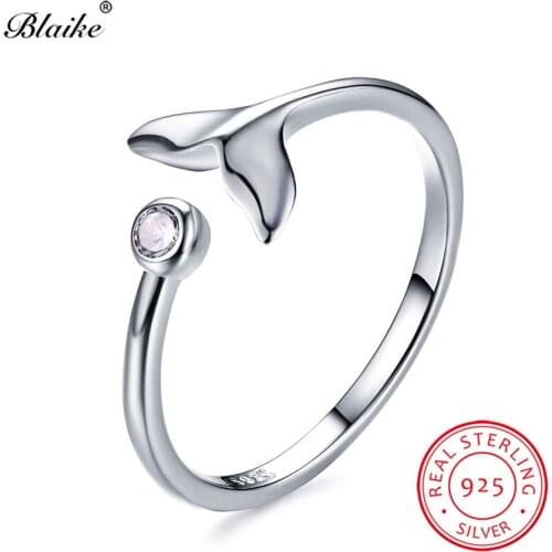 Blaike Real s925 Sterling Silver Mermaid Tail Rings For Women Opening Adjustable Ring Female Engagement Small White Zircon Ring