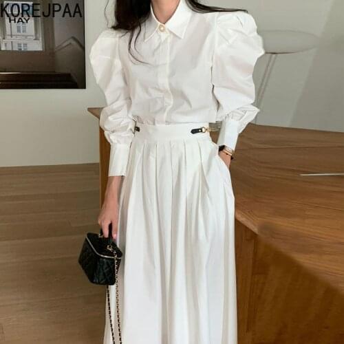 Korejpaa Korea Simple Women Suits Autumn Elegant Puff Sleeve Pearl Buckle Shirt High Waist Pleated Solid Skirt Outwear Fashion