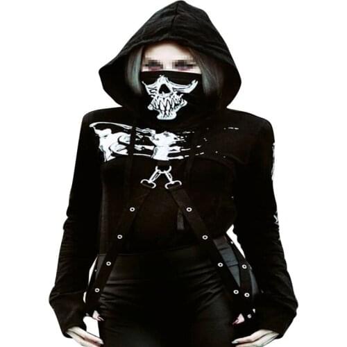 Halloween Women Skeleton Print Hooded Crop Tops Creative Horrible Long Sleeve Sweatshirt Casual Slim Hoodie with Drawstring