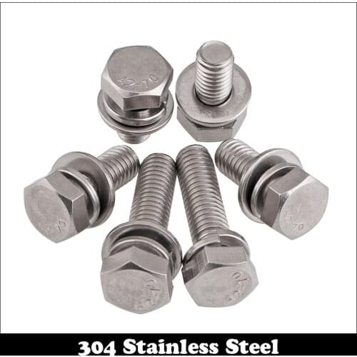 M6 M6*12/16/20/25/30 M6x12/16/20/25/30 304 Stainless Steel External Hex Hexagon Bolt Spring Plain Washer Machine Screw Assembly