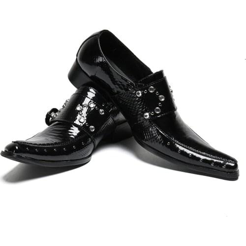 Genuine Leather Oxfords Glitter Crystal Studded Mens Wedding Shoes Business Formal Shoes Men Flats Luxury Black Office Shoes Men