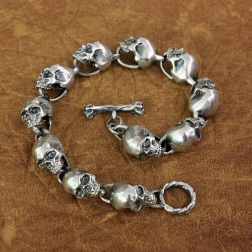 Huge Details Skulls Chain 925 Sterling Silver Mens Biker Punk Bracelet TA170