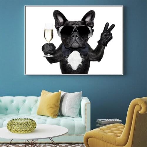 MUTU Wall Art Canvas Painting Animals Poster Modern A bulldog Drinking With Sunglasses Home Decoration Pictures For Siting Room