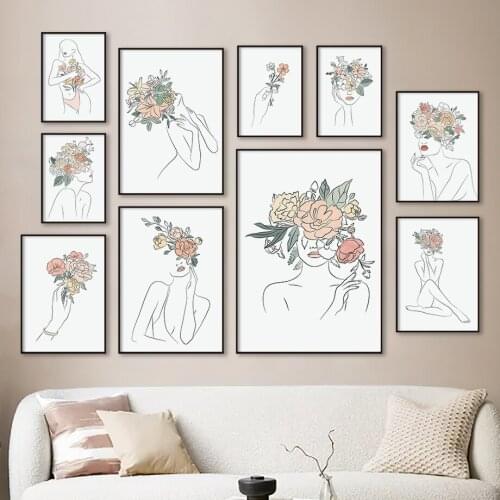 Flower Line Girl Body Wall Art Canvas Painting Black White Minimalist Nordic Posters And Prints Wall Pictures For Living Room