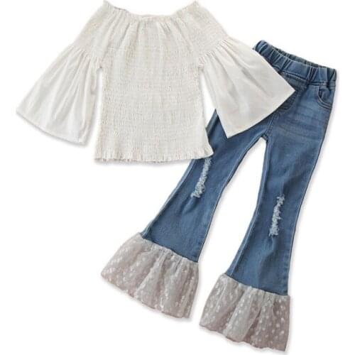 Autumn fashionable girl suit white baby shirt + ripped mesh jeans