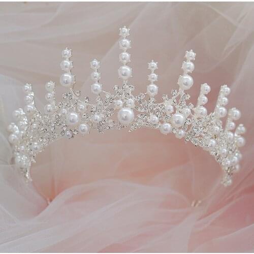 Baroque Luxury Silver Plated Crystal Pearl Bridal Tiaras Crown Rhinestone Pageant Diadem Bride Headband Wedding Hair Accessories