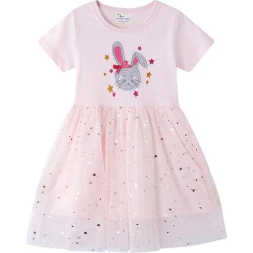 Rabbit Print Girls Short Sleeve Lace Cotton Princess Party Dress Kids Tutu Costume Summer New Style Children