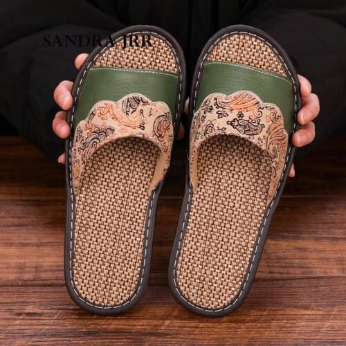 SANDRA JRR Men Women Linen House Slippers Open Toe Flat Heel Summer Autumn Spring Home Floor Shoes Leather Anti Skid Slides