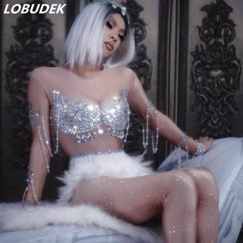 Sexy Nightclub Female Costume Sparkly Crystals White Feather Bodysuit Bar Party Show DJ Dancer Performance Stage Elastic Leotard
