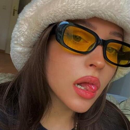 Funky Yellow Lens Rectangle Glasses Ladies Internet Celebrity Recommend Small Frame Vintage Black Square Sunglasses Women Men