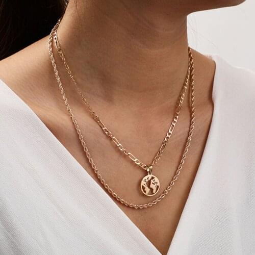 Vintage Double Layer Twisted Thick Chain Map Pendant Necklace for Women Punk Geometric Clavicle Necklace Jewelry Kolye GN91