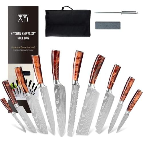 XYJ 13pcs/set Japanese Chef Knives With Carry Bag Sharpener Rod Whetstone Laser Pattern Stainless Steel Kitchen Knife Tools