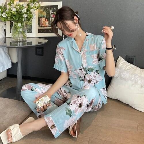 Youhottest Short Sleeves Long Pants Silk Pajamas Two Piece Set Women Sleepwear