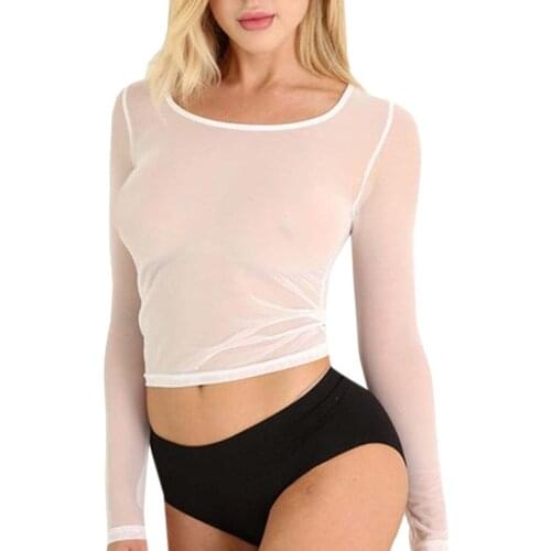 Women Transparent Tee Top See-Through Long Sleeve Seamless Arm Shaper Short Top Mesh Shirt Blouse Female T-Shirt Top moletom J80
