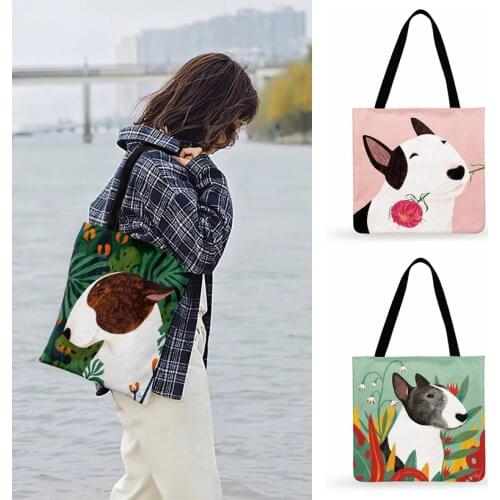 Ladies Shoulder Bag Pet Dog Art Print Tote Bag For Women Casual Tote Bags Bull Terrier Painting Shopping Bag Outdoor Beach Bags