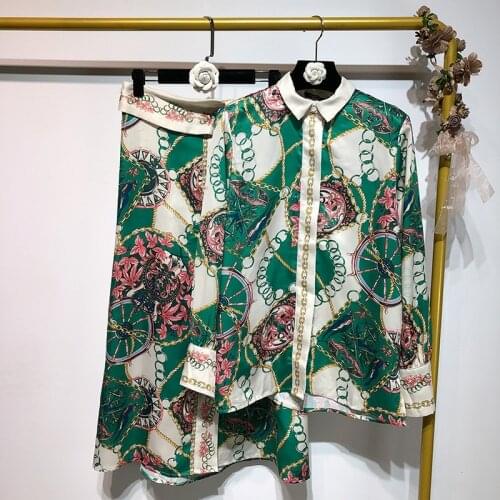 Womens Suit Romantic Bohemian Printed Shirt + Positioning Color Matching Pajamas Fashion Set Half-length Skirt Two-piece
