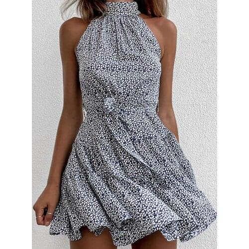 Holiday Beach Bohemian Floral Print Halterneck Dress Women 2021 Summer Bow Sexy Sleeveless Short Dress Casual Loose