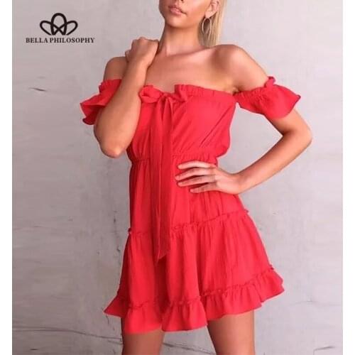 Bella Philosophy 2019 spring women casual solid mini dress high waist loose female dress slash neck lace up above knee dress