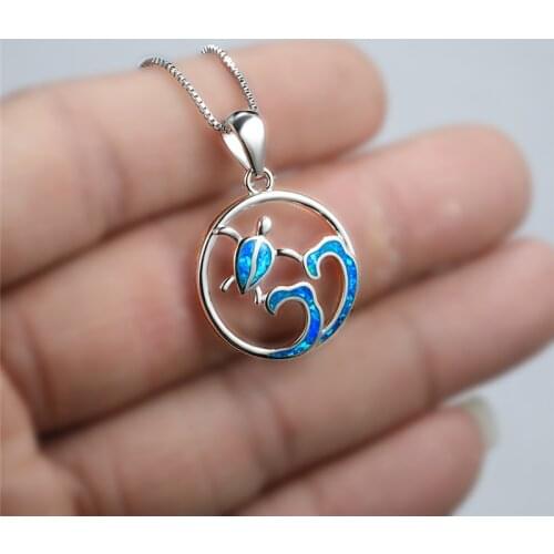 Female Blue White Stone Wedding Necklace Cute Wave Turtle Opal Pendant Necklace Rose Gold Silver Color Chain Necklaces For Women