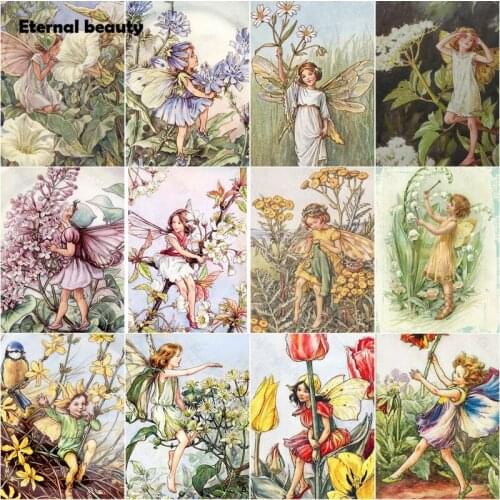 Diamond Painting Cross Stitch Kits Little Girls Waving Wings and Various Flowers Diamond Mosaic Arpaintings Needlework Artwork