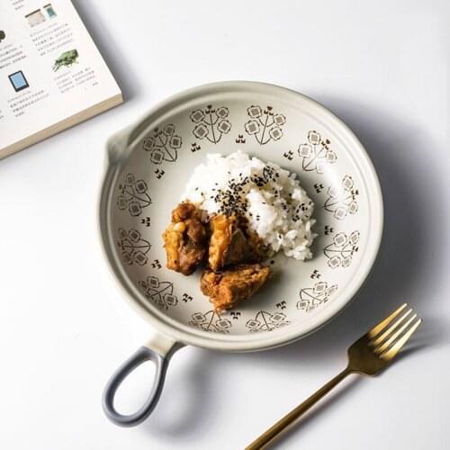 CHYIR 8 Inch Japanese Ceramic Baking Plate Breakfast Dish Roasting Baked Pizza Pan Bakeware Pan With Handle Seafood Plate