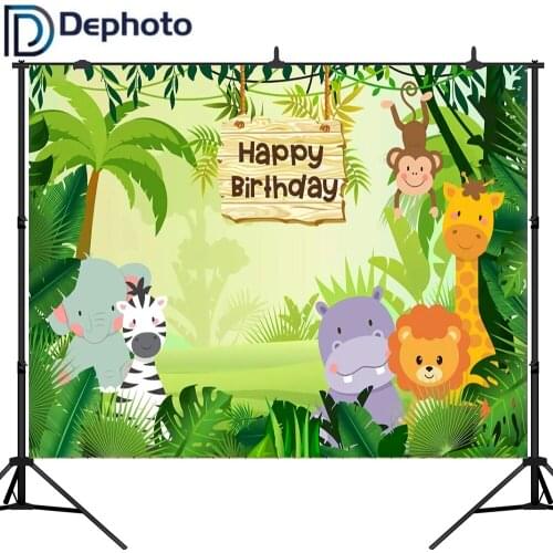 DePhoto Jungle Safari Photo Background Animals Forest Photography Backdrop Baby Happy Birthday Party Theme Banner Decoration