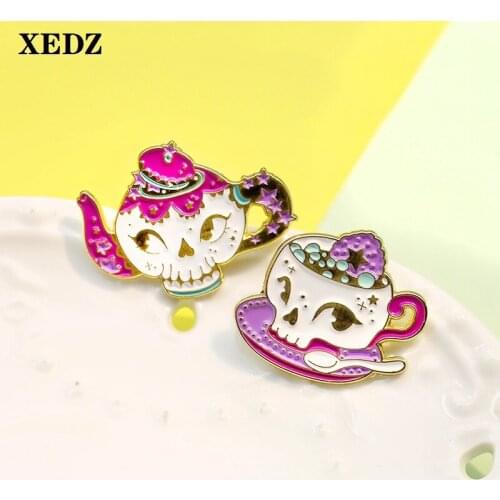 XEDZ gothic skull teapot enamel pin gem fortune pot and coffee cup color brooch lapel pin clothes badge jewelry gift for friends