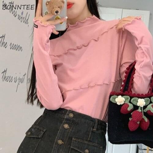 Long Sleeve T-shirts Women Autumn New Arrival Ins Half Turtleneck Basic Sweet Lady Korean Style Trendy Casual Soft Loose Tops
