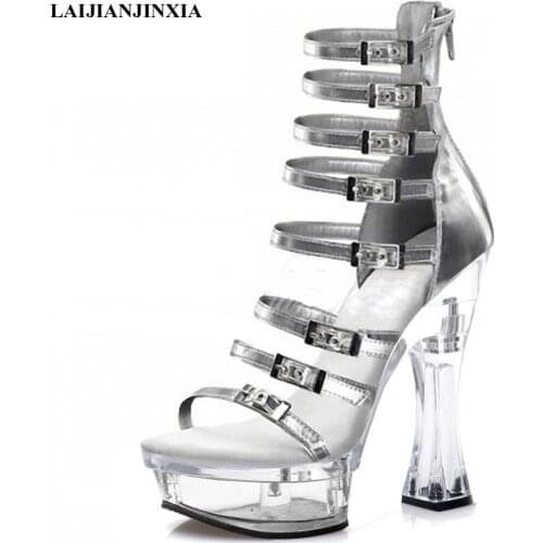 Summer Fashion Silver Crystal Sandals Super Big Size 14 Cm High Heeled Shoes Hollow Nightclub Pole Dancing Queen Models Shoes