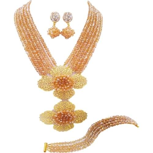 Fashion Champagne Gold AB Multi Strands Statement Necklace Nigerian Wedding African Beads Jewelry Set Crystal 5-LDH21