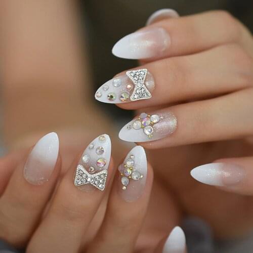 Ombre Glitter Faux Ongles White French Tips Stiletto Custom Deisgner False Nails with Rhinestones Bowknot Decoration