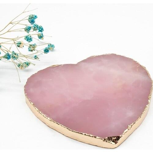 Natural Rose Quartz Agate Piece Gold Edged Jewelry Ornament Crystal Coaster