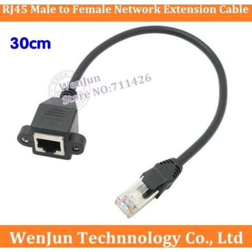 FREE SHIPPING 100pcs RJ45 Male to Female Extension Cable with Protective clip 30cm Ethernet Screw Lock Panel Mount LAN Network