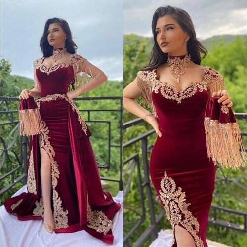 2021 платье Morocco Kaftan Evening Dress with Detachable Skirt Two Pieces Red Mermaid High Neck Velvet Prom Gown Arabic Party
