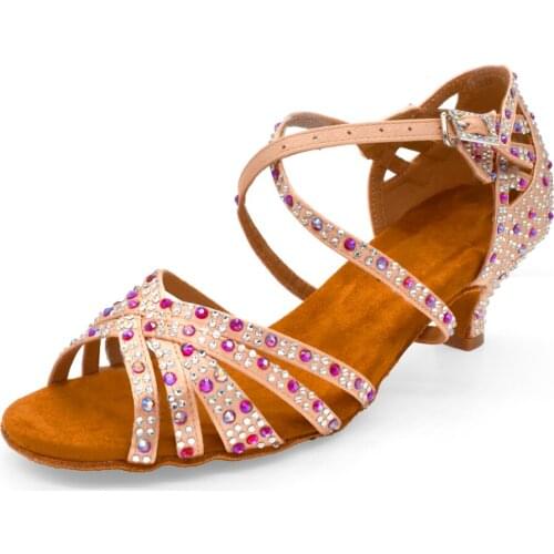 Evkoodance Size US 4-12 Zapatos De Bail khaki satin with rhinestone dancing shoes Professional 5cm heel Women Latin Salsa Shoes