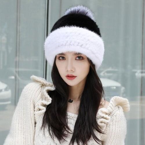 2021 Real Mink Fur Hats For Women Winter Fox Fur Ball Hat Female Warm Ear Protection Snow Caps Elegant Princess Beanies Cap