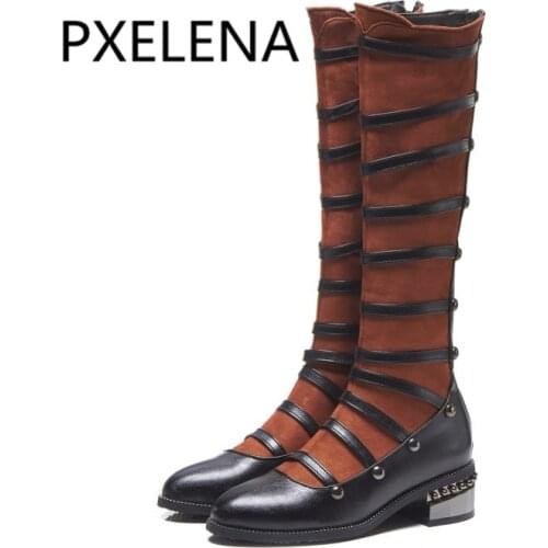 PXELENA Hot Vintage Punk Knee High Boots Women Round Toe Square Med Heels Rivet Riding Knight Motorcycle Long Boots Female Shoes