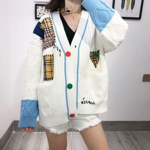 Cool Patch Cardigan Women Fashion Oversized Cardigans 2020 Winter Thick Warm Sweater Coat V-neck Double Pockets Knitted Jacket