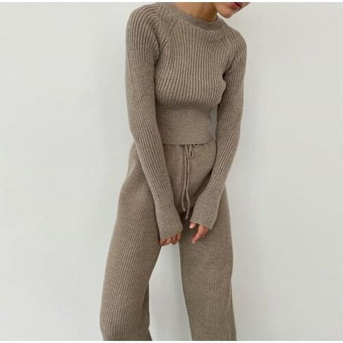 Women Autumn Winter Solid Knitted Sweater Sets Casual O Neck Pullover and Drawstring Pants Outfits New Casual Homewear Lady Suit