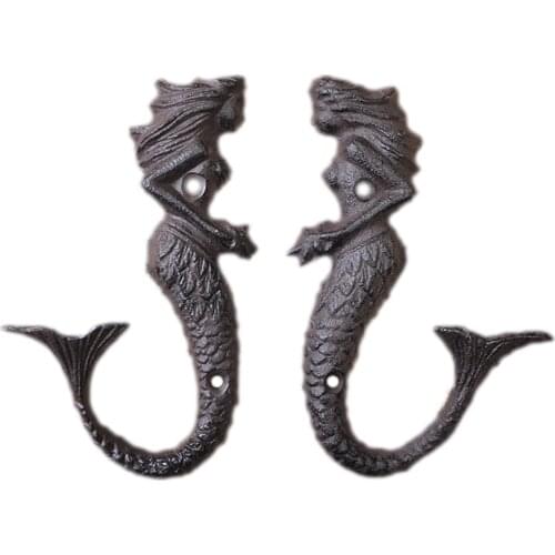 2pcs Mermaid Iron Wall Hooks Hanger Antique Heavy Metal Hanging Coats/Keys/Hats/Bags Home Rack Decor Elegant Mysterious Unique